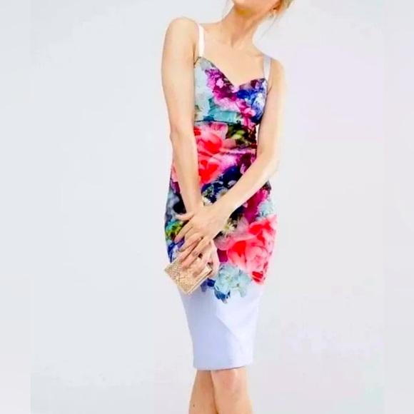 Ted Baker London straps floral print size 1 satin feel zipper back knee length - Picture 14 of 14